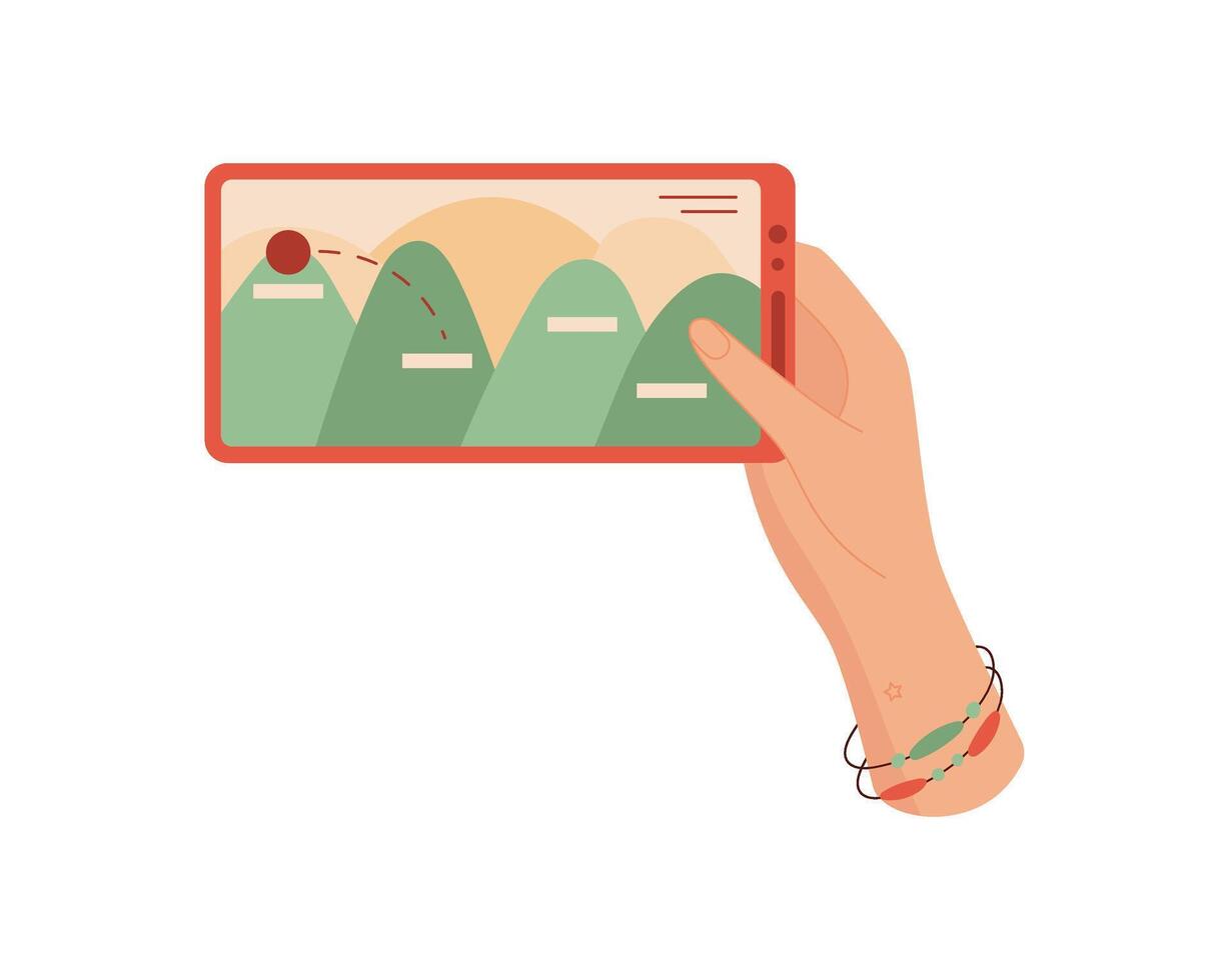 A hand holds a smartphone displaying a mobile game. The user interacts with the phone using fingers to tap on the screen. This digital device supports gameplay and entertainment, showcasing modern vector