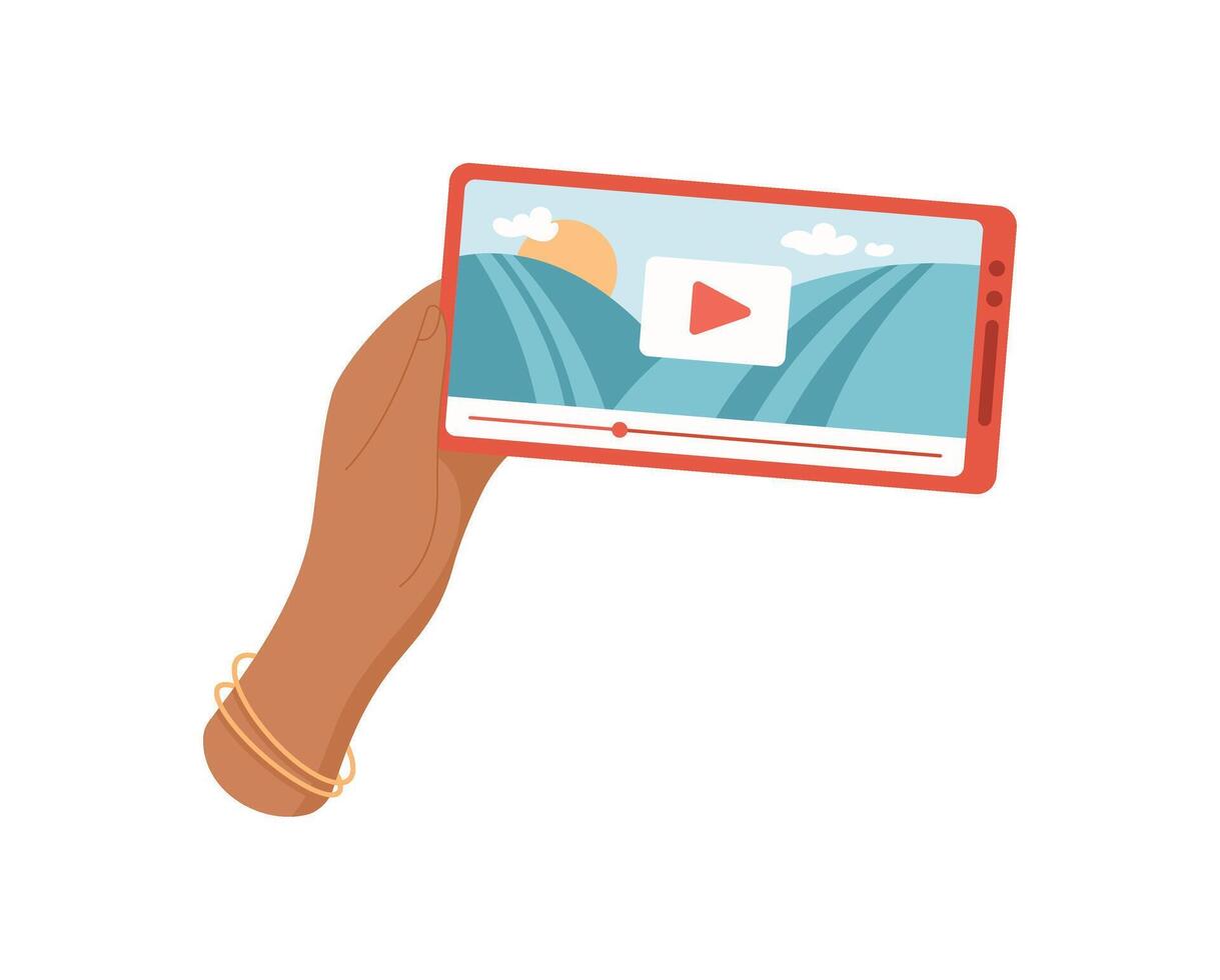 Hand holds a smartphone with a screen displaying . A user plays content on the phone. Engaging mobile media interaction, flat design, ideal for online communication. vector