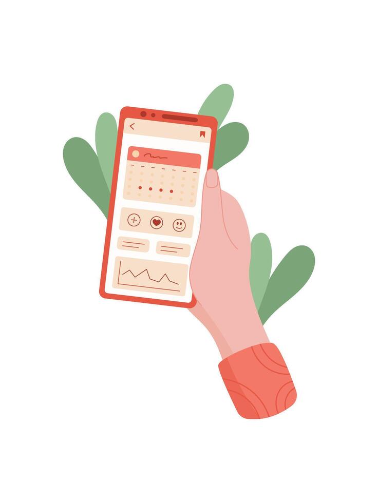 A hand holds a phone displaying a calendar app. A user interacts with the mobile application showing scheduled events. The technology features digital screen with various tools, professional format, vector