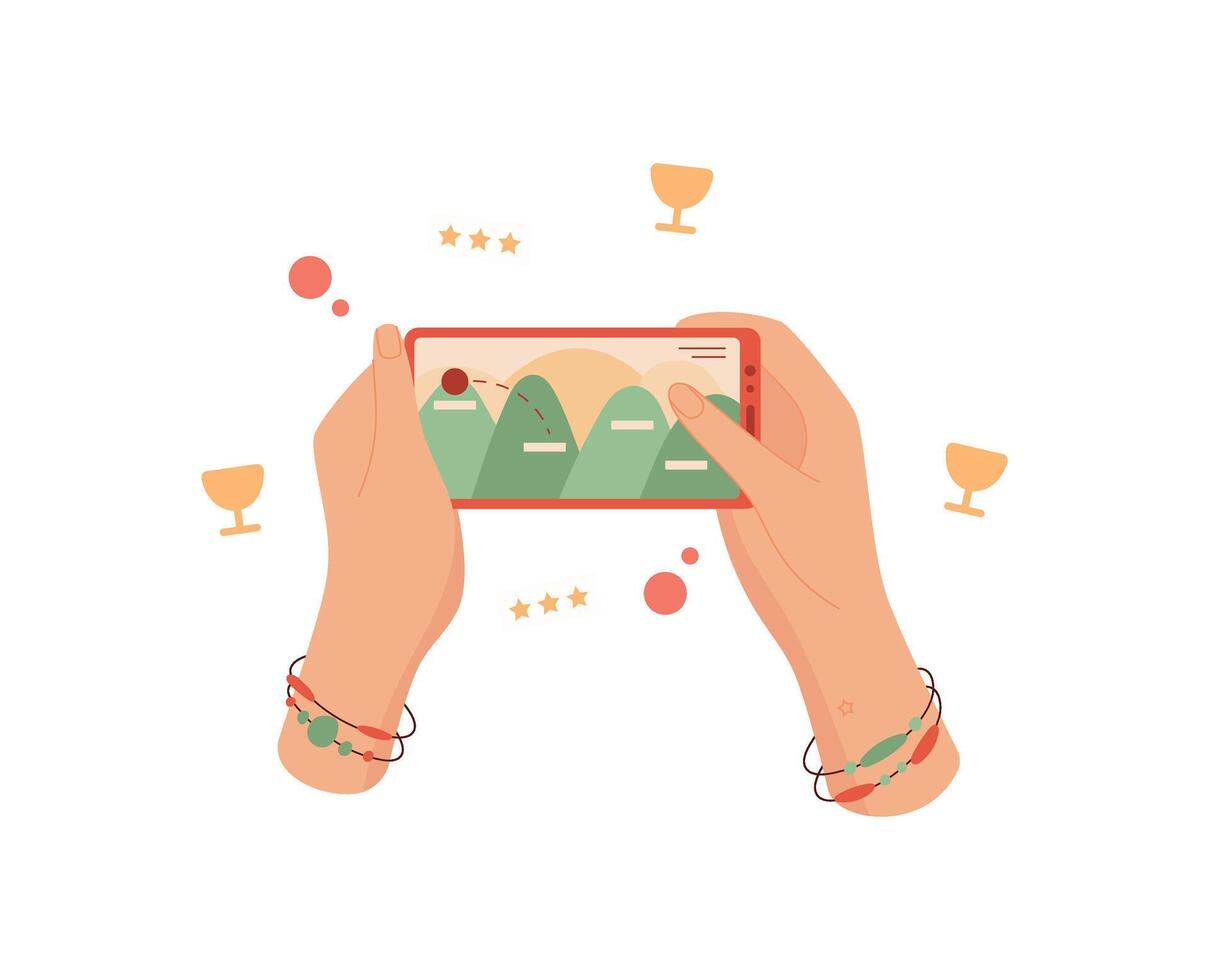 Hands hold a phone displaying a game app. A user interacts with the phone screen using fingers to tap and play. Digital technology meets mobile gaming, flat illustration with cool concept, ideal for vector