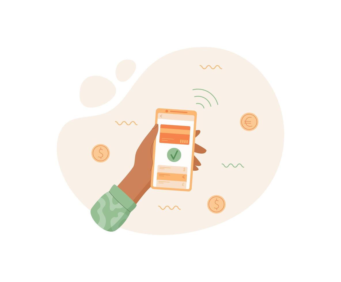 Smartphone in hand for mobile payment. A user interacts with an app for secure transactions. Touchscreen feature enhances experience as a tool communication and share. Flat visual style suitable vector