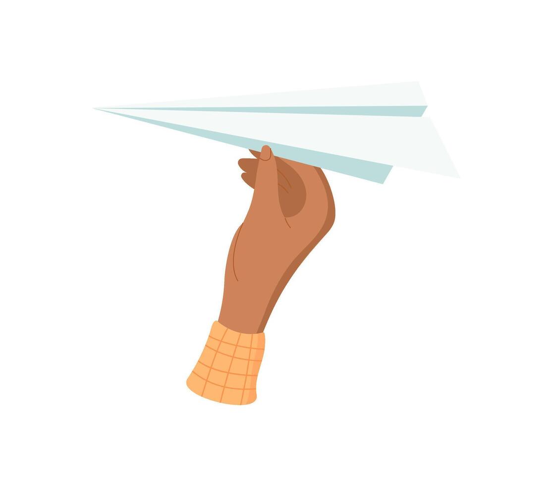 Hand holding paper plane. Gesture of giving a gift. Icon of creativity, flat design, suitable for various projects. Ideal for use in educational materials, promotional content, or creative themes. vector