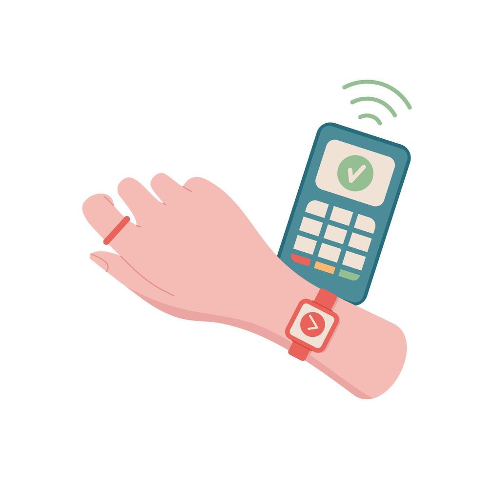 Hand holding smartwatch for payment. Gesture of cash transfer. Digital device icon, flat graphic style, suitable for business or finance concepts. Ideal for illustrating payment methods vector