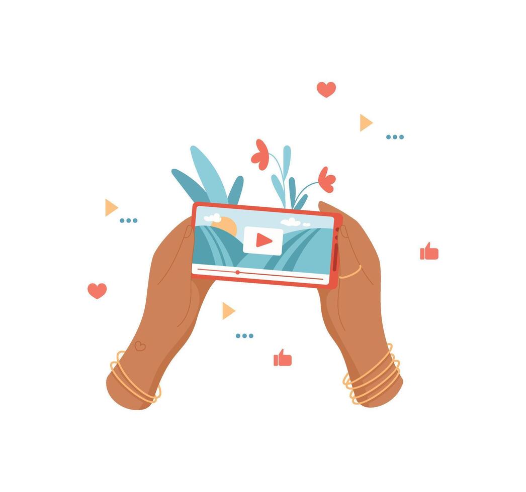 Hands hold a phone displaying a app on the screen. The user shares media content through mobile device in social context. People interact with technology, using flat visual style ideal for vector