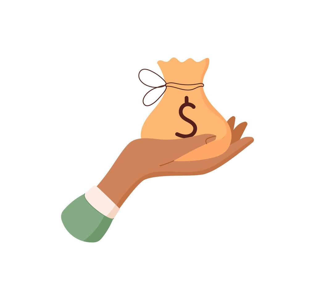 Hand holding money sack sticker. Gesture of giving cash in palm. Financial concept, flat style, potential for business and economy applications. vector