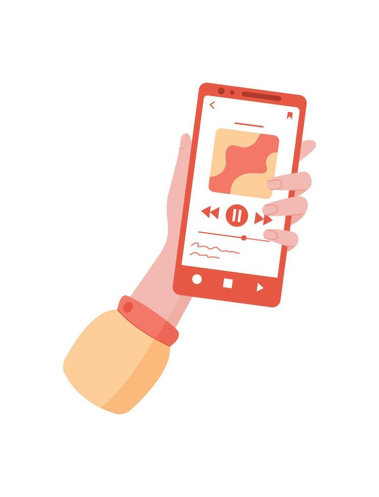 Smartphone in hand displays music app. Cellphone with a vibrant screen shows media content for music play. User interacts with digital application through touch gesture, online format, digital usage. vector