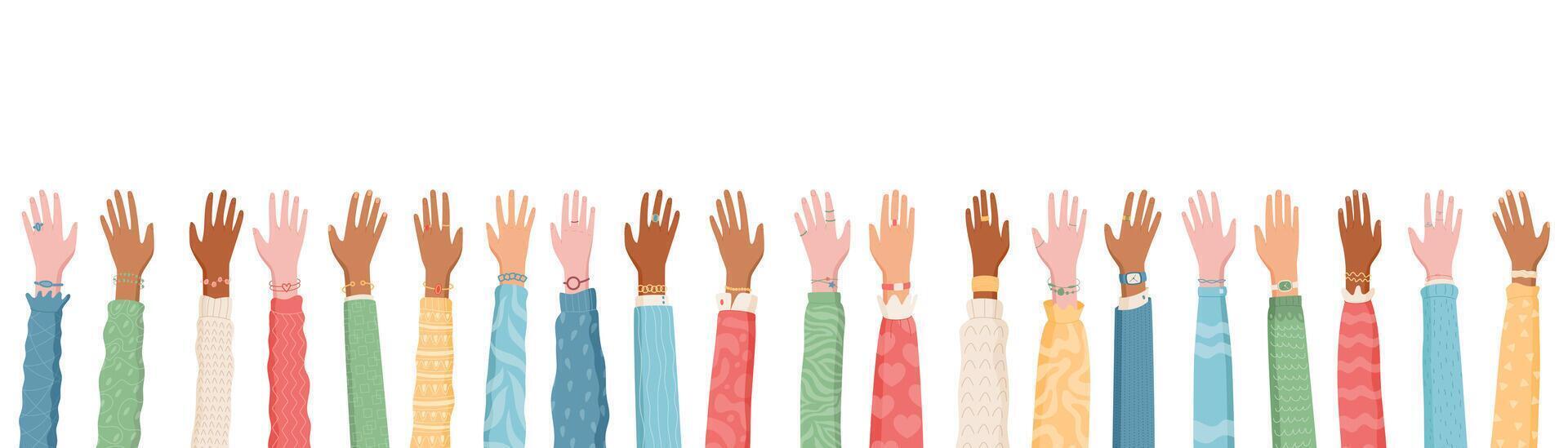 Colorful raised open hand set in a cartoon graphic style. Raised multicultural hands symbolize solidarity and equality. Diverse design reflects community and people, vibrant concept for global unity vector