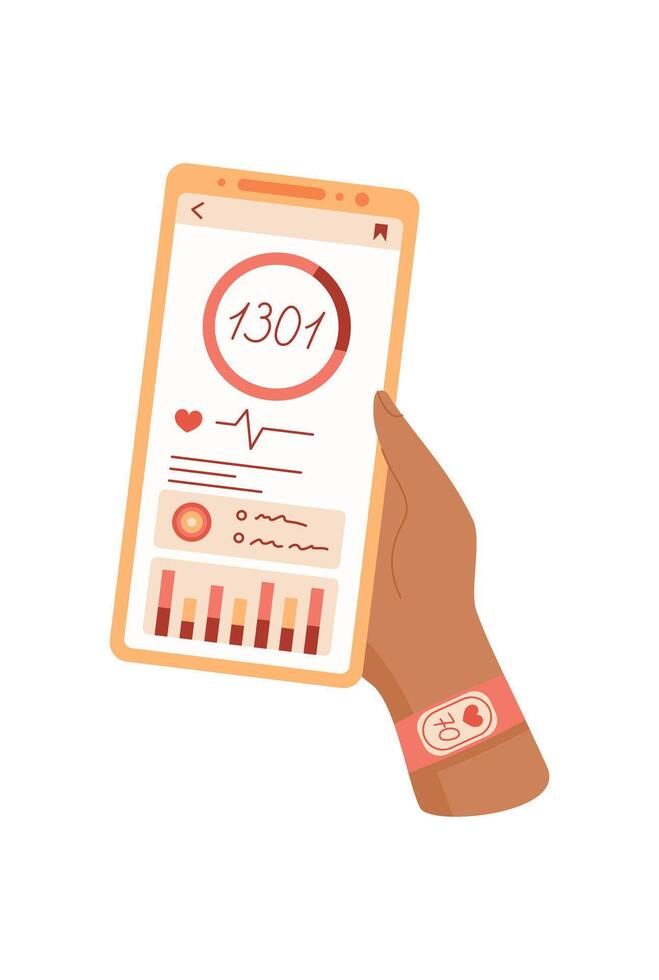 Smartphone held in hand displays health application. Mobile device shows fitness tracker with health data. Digital app provides detailed statistics on physical activity, digital style, suitable for vector