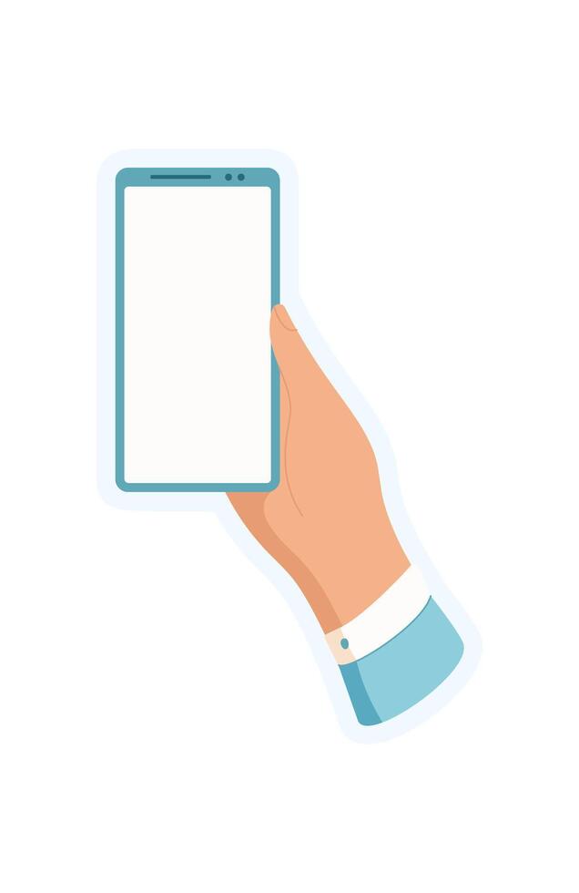 Sticker of hand holding phone. Graphic of user holding smartphone in palm. Digital app, mobile phone, media concept, ideal for social communication or online advertising. vector