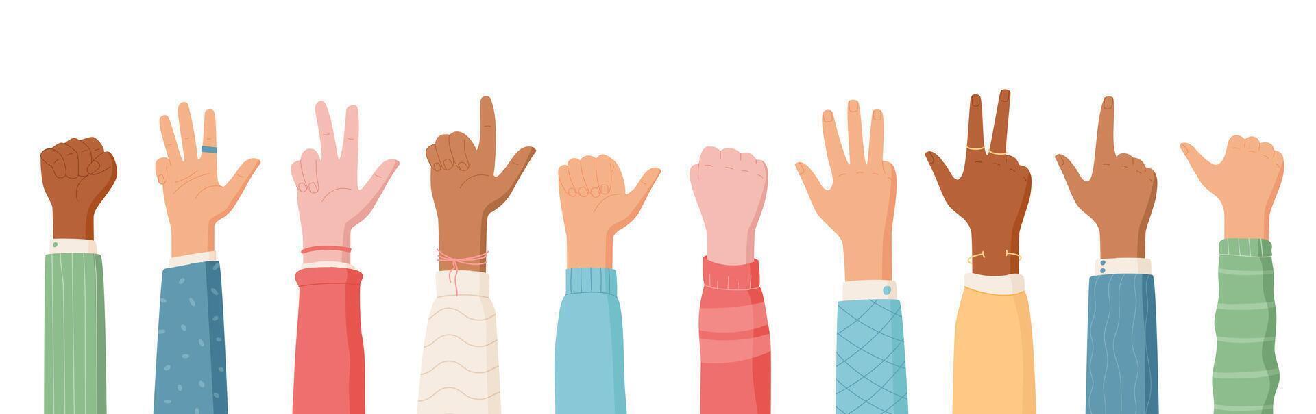 Cartoon hand count gesture icon set shows diverse poses. Hands and fingers count different numbers in a playful style. Vibrant cartoon announces diversity through gestures. Suitable for education. vector