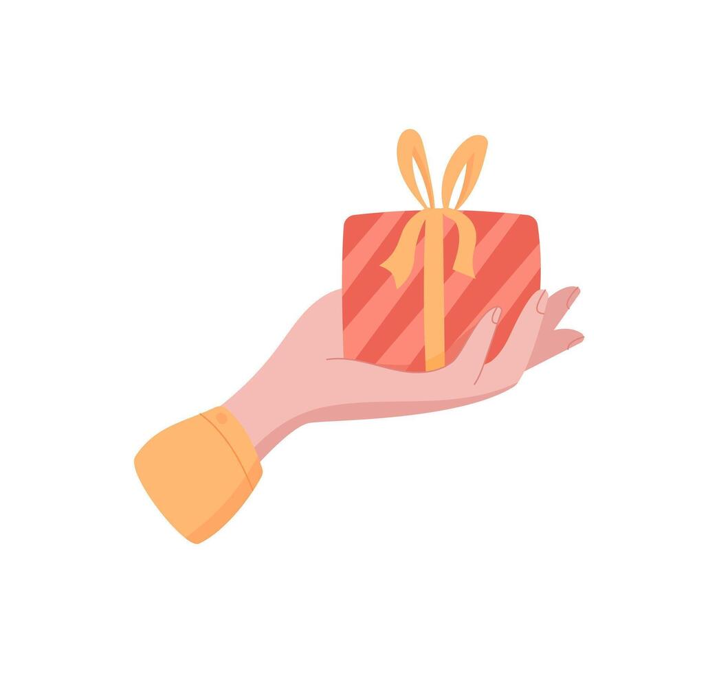 Hand holding gift box. Female character gives a present with a warm gesture. Cute cartoon graphic style, sticker design, perfect for greeting cards or gift graphics. vector