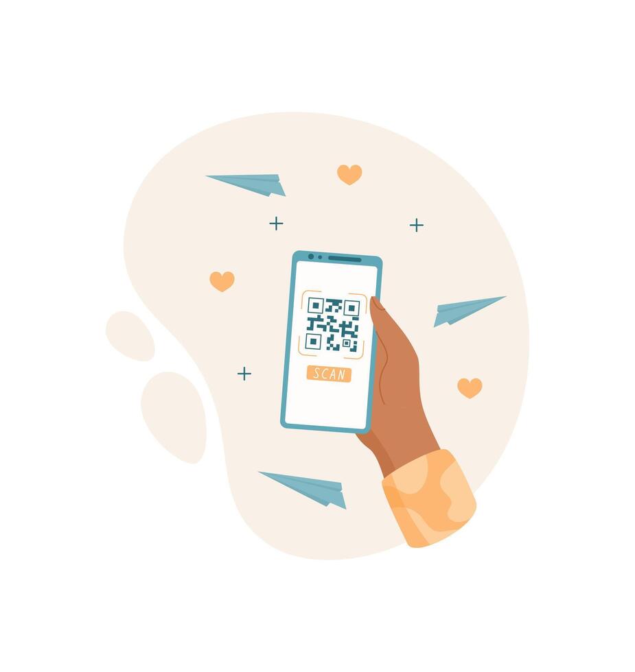 A hand holds a mobile phone displaying a payment QR code. A smartphone shows an application for scanning. The image highlights modern technology, mobile payments, and quick delivery service, flat vector