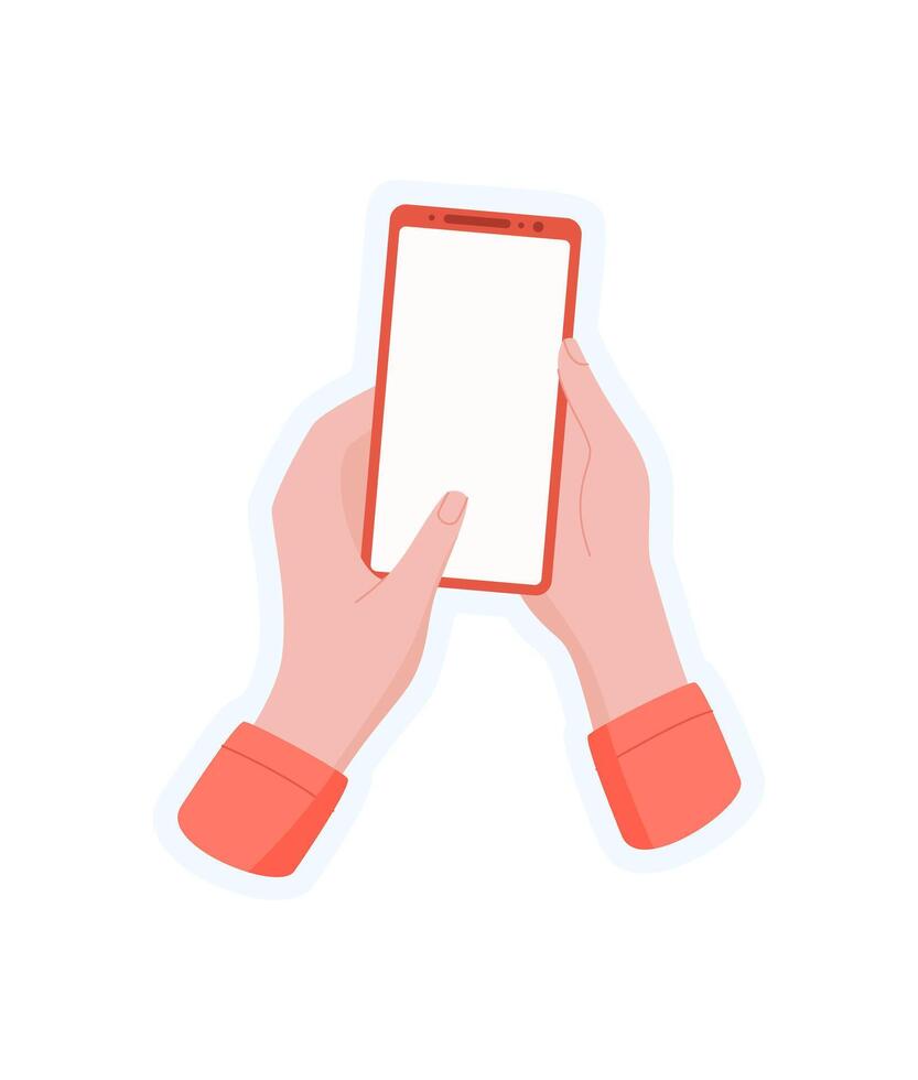Sticker of hand hold phone. Simple template of user gesture with smartphone. Blank screen in palm, cool graphic concept, potential for digital application in media and online services. vector
