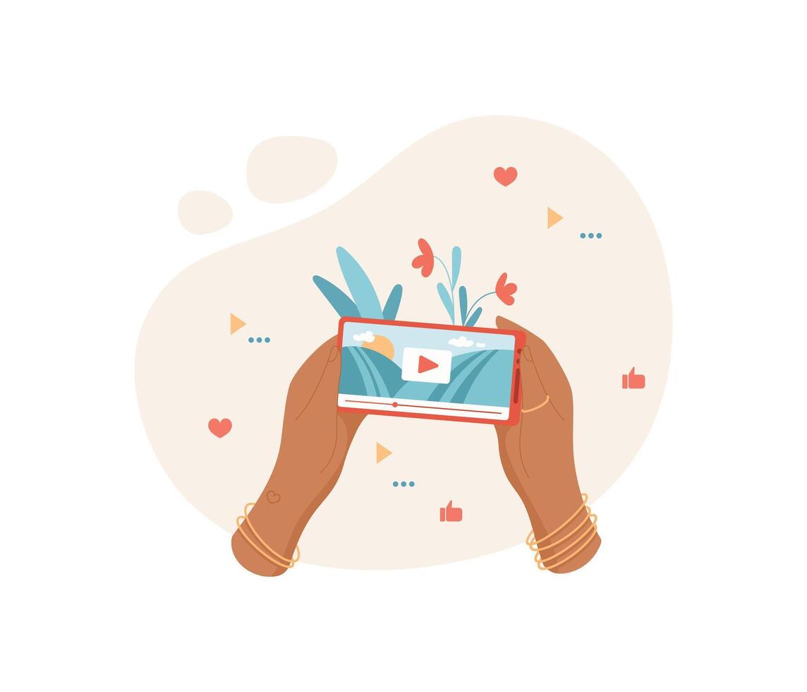 Hands hold a phone playing a . A smartphone displays engaging media content on its screen. Users interact with the mobile app for social sharing, flat graphic style, suitable for online vector