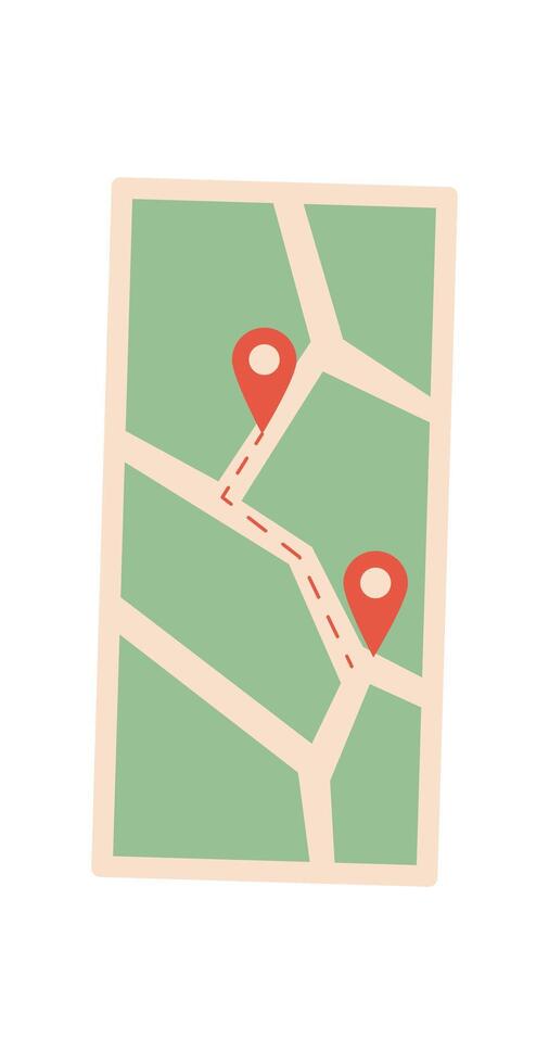 Digital navigation map on smartphone. User application utilized for map and route search. Interactive layout assists user in finding locations, technology concept for online navigation, flat format vector
