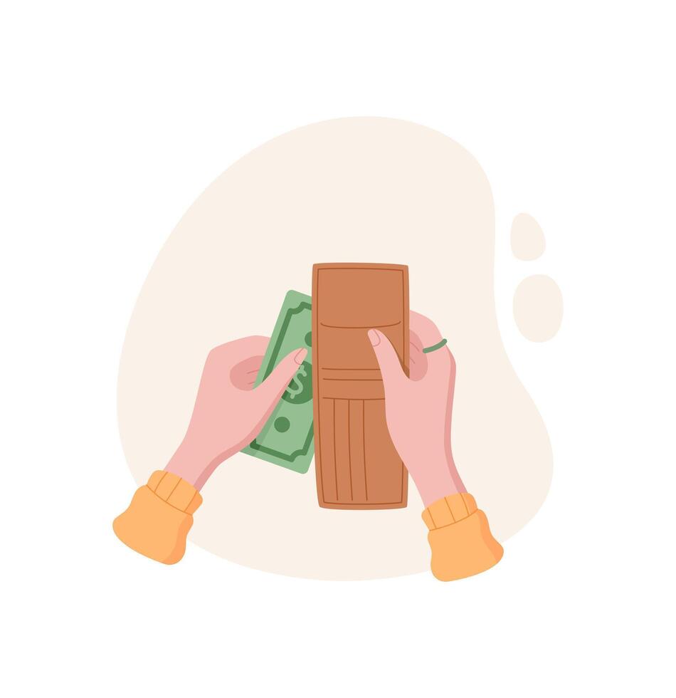 Hand holds money and wallet. Person gives cash and banknote. Flat illustration, financial context, potential for business economy concepts. vector