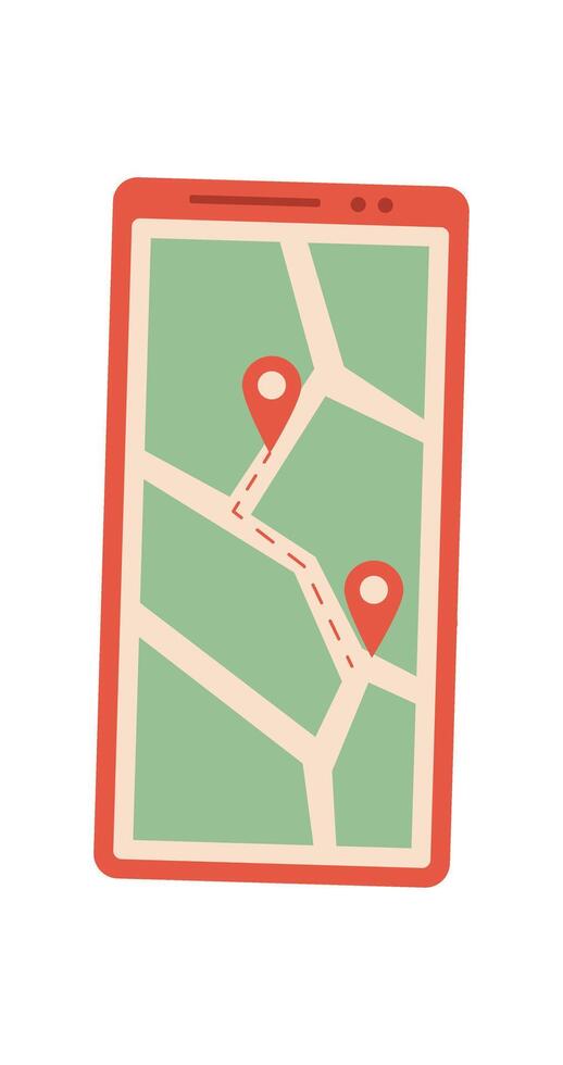 Flat smartphone with navigation app screen. Mobile device shows mapped locations and route. User interface displays GPS information and map icons for easy navigation. Ideal for technology, online vector