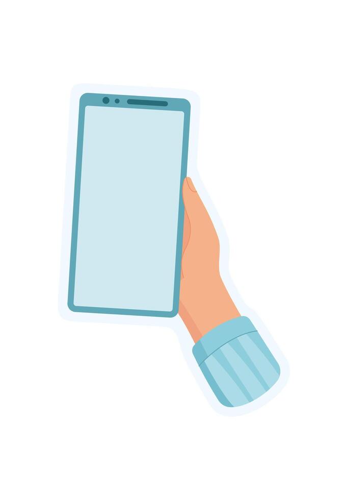 Sticker of hand holding phone. Graphic of user holding smartphone. Digital application with blank screen, cool template for social media, online communication, and mobile applications. vector