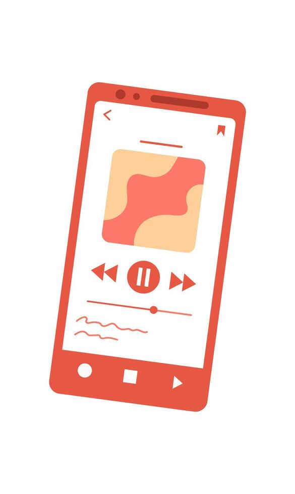 Smartphone displays a flat media app screen. The mobile device shows an entertainment application with a play button. The user interacts with the touchscreen while enjoying content, digital vector
