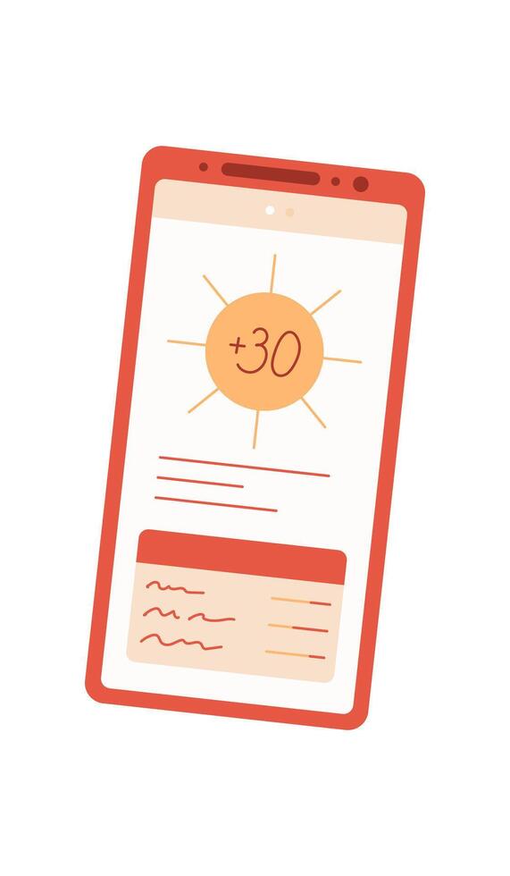 Smartphone displays weather app on the screen. Mobile device provides digital weather updates. User interacts with the app using a finger. Simple and flat design, context includes online services, vector