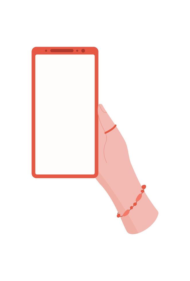 A hand holds a smartphone with a blank screen. The user presents mobile device in simple gesture. This image serves as perfect template for showcasing applications, communication, and technology. vector