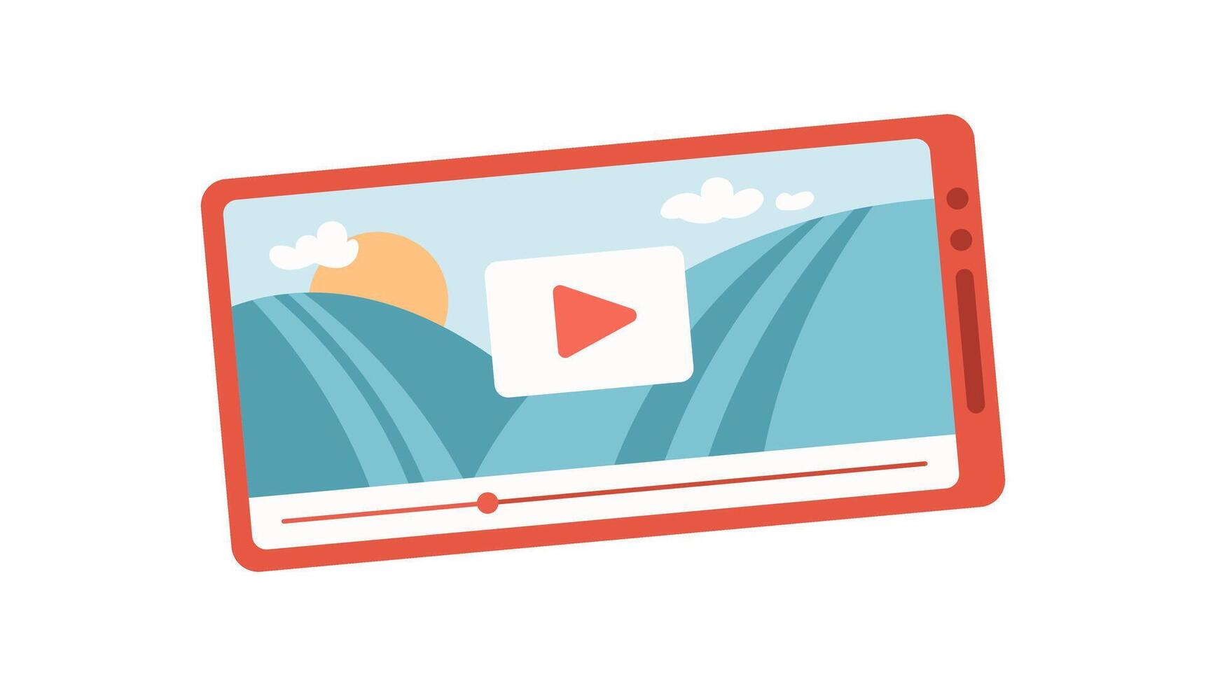 Smartphone displays a for user entertainment. Mobile device plays engaging media content. Digital application showcases dynamic visuals, animated interface, online social activity. Flat design, vector