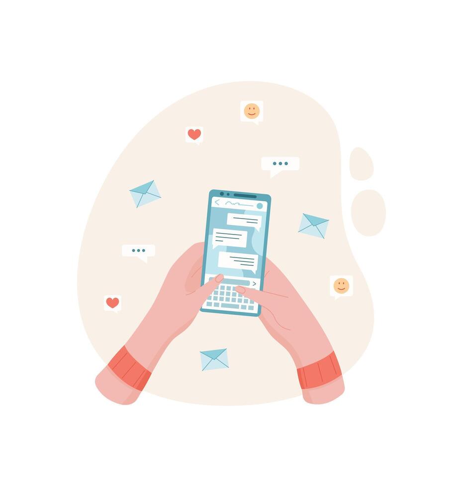Hands hold a phone displaying messages. A user engages in a chat using an application. Bright emojis enhance digital communication. Social interactions, modern lifestyle, ideal for online media vector