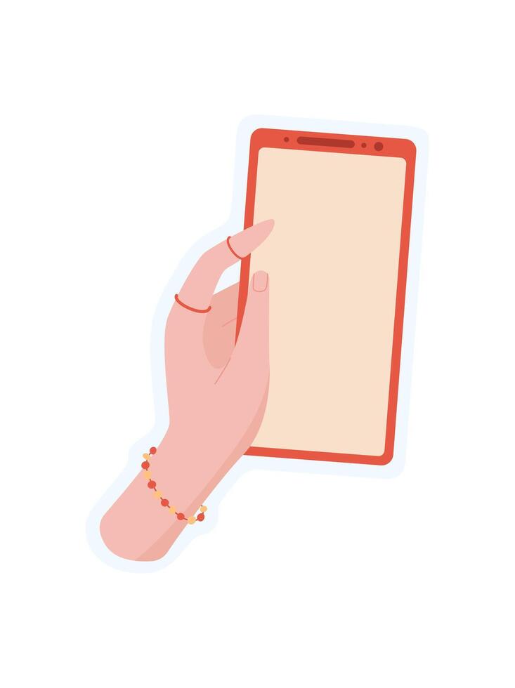 Sticker of hand holding phone. User template for smartphone with blank screen. Digital gesture of a person using an application, graphic for communication and technology. vector