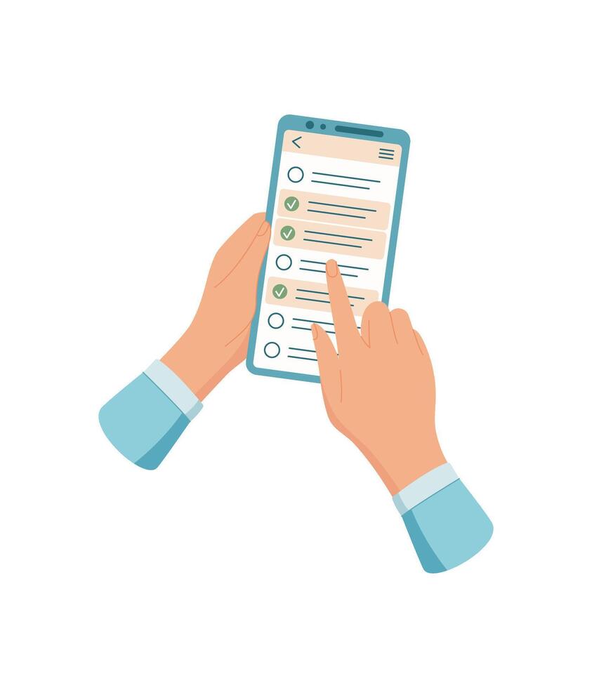 Hands hold a phone displaying a to app with various tasks. A user interacts with the phone screen using finger gesture. The device features simple application for task management, digital vector