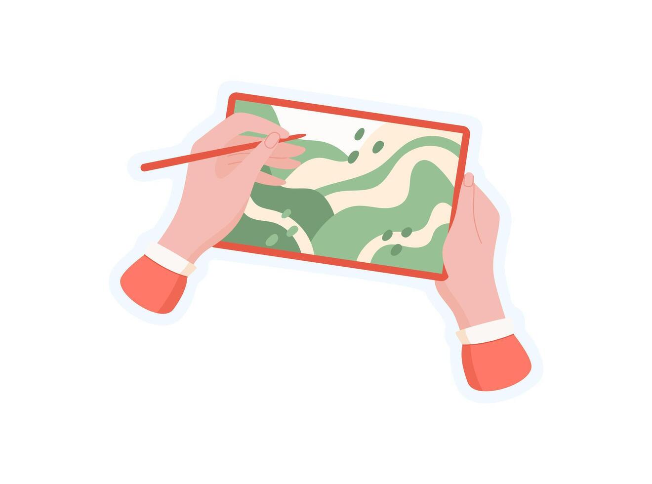 Sticker of hand holding tablet. Graphic of a hand that draws on the screen. Colorful art a character creating digital content. Flat style ideal for mobile app usage. vector