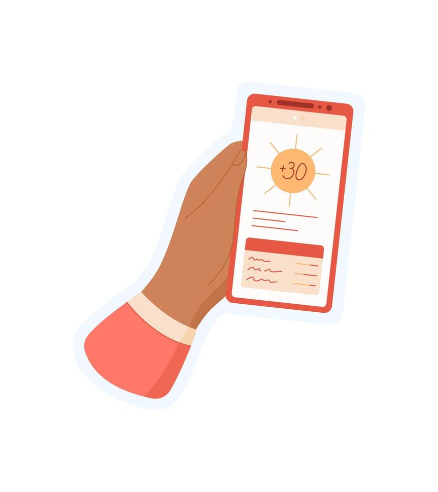 Hand holding smartphone with app screen sticker. User holds mobile device displaying application. Digital media, social context, ideal for online commerce or communication. Visual in a cartoon graphic vector