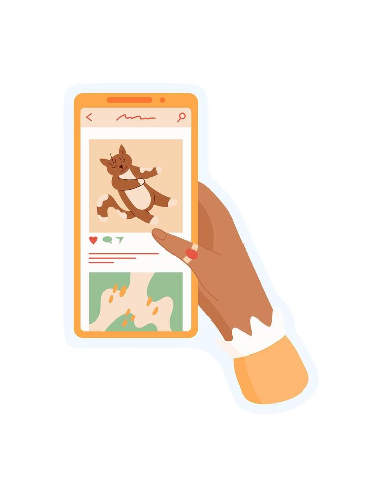 Sticker of hand holding phone. Graphic showing a person using a smartphone. Mobile app interaction, social media, cute character engaging with content. vector