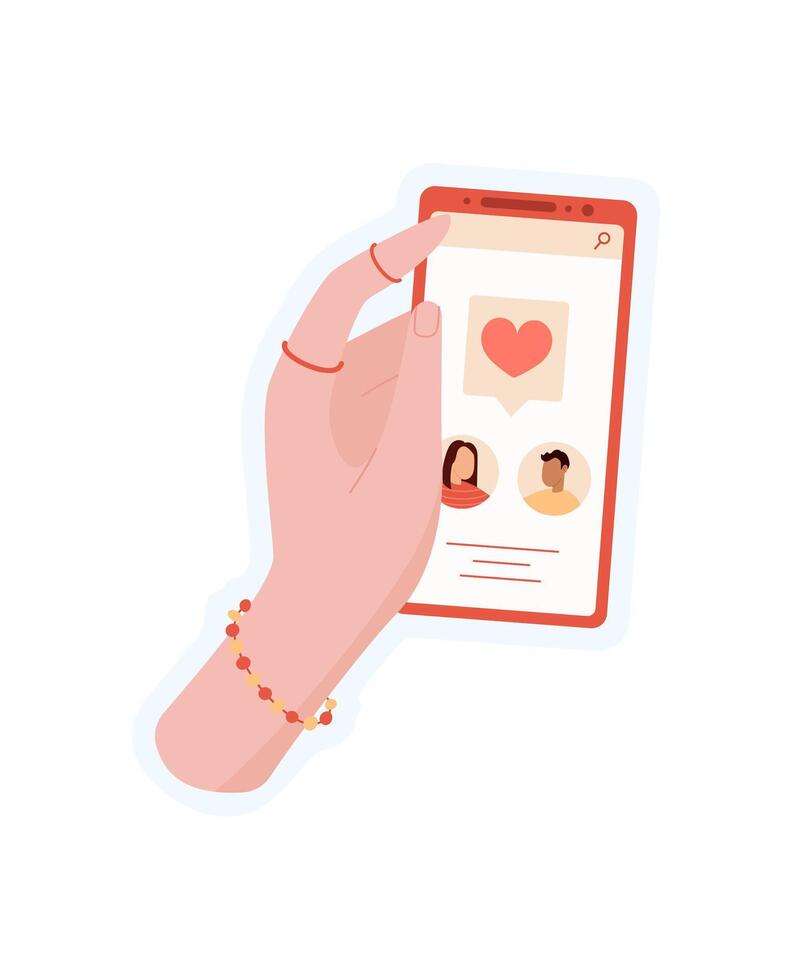 Hand holds a smartphone. User interacts with the app on the screen. Mobile communication, cool sticker style, suitable for chat or messaging applications. vector