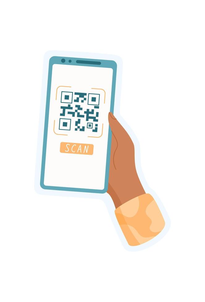 Hand holds phone with QR code sticker. User interacts with mobile app on digital screen. Context of modern technology, flat style, suitable for online communication and business applications. vector