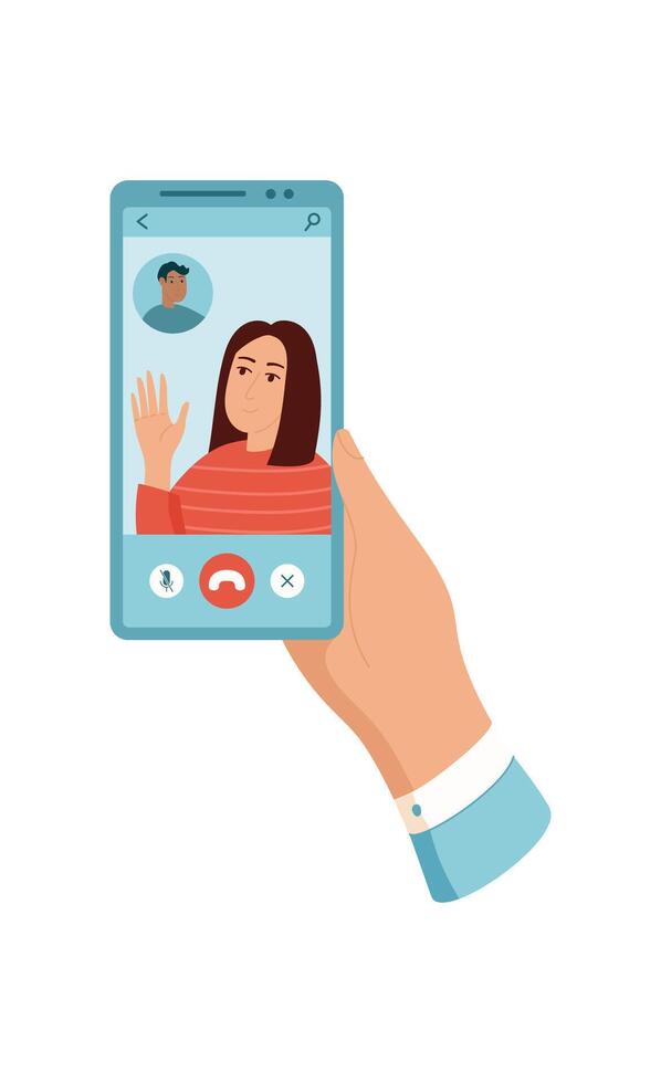 A person holds a smartphone with chat. A user interacts with the devices screen. The mobile phone displays chat application that illustrates modern communication. This visual format suits vector