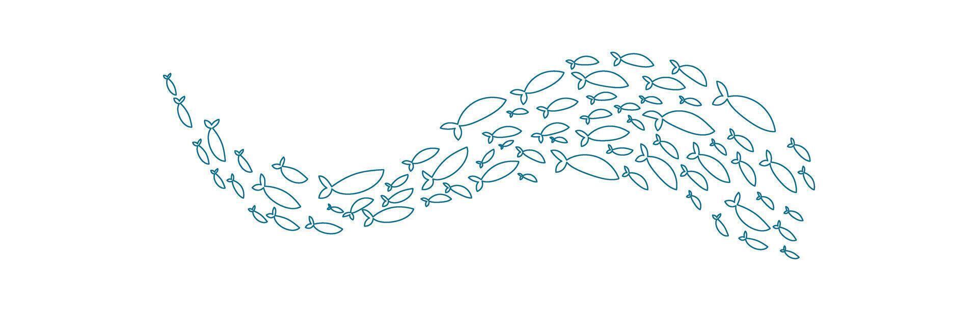 outline fish school pattern. Many aquatic creatures swim in a group. Underwater theme, doodle style, suitable for summer designs. vector