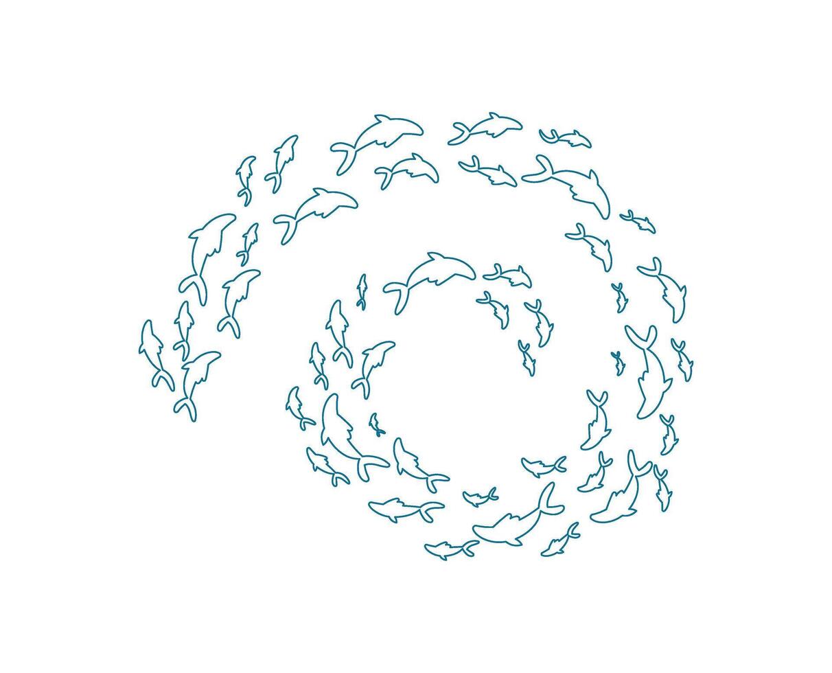 outline fish school pattern. Many aquatic creatures swim in a swirling motion. Underwater life, ocean silhouette, outline style, perfect for marine projects. vector