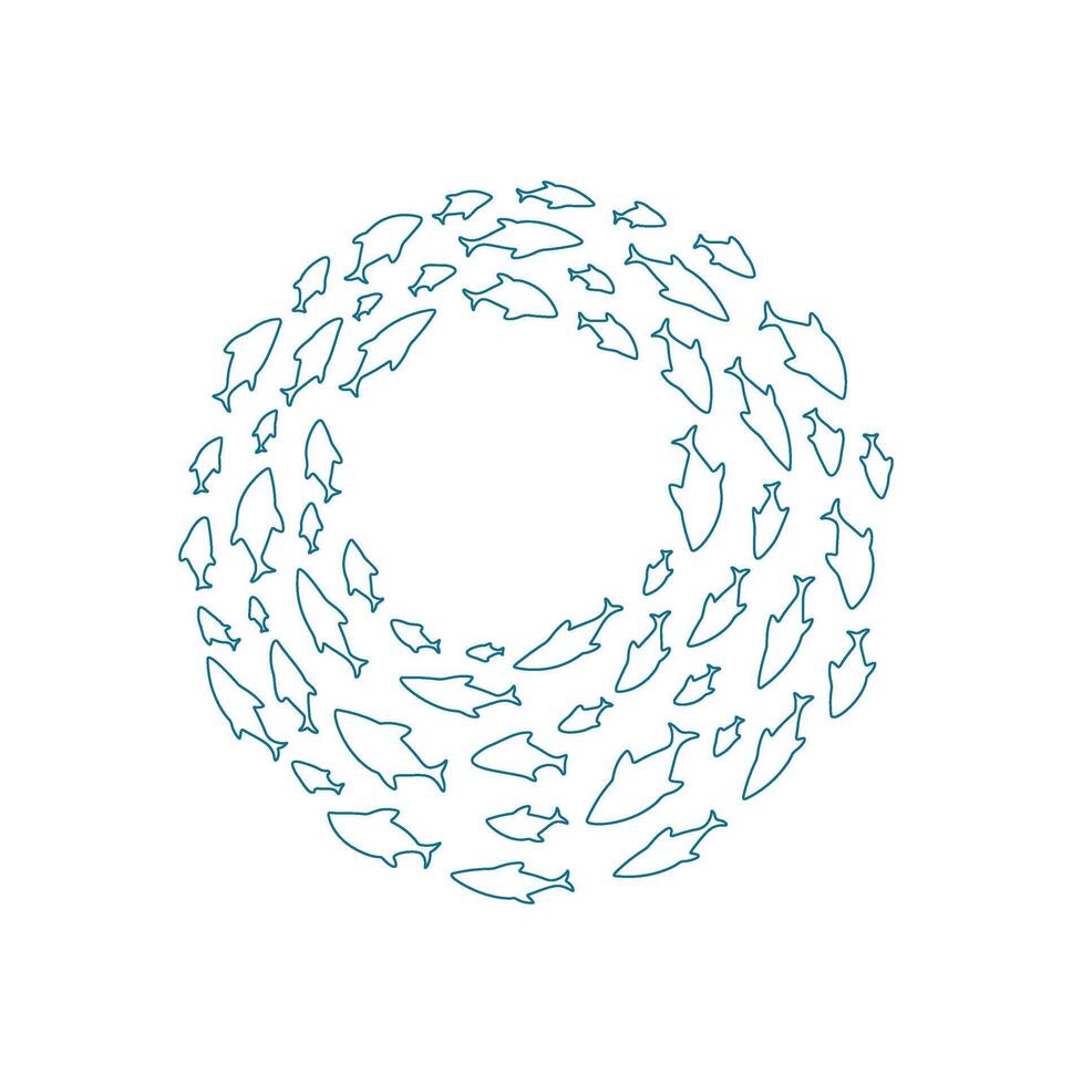 Outline fish school pattern. Aquatic silhouette of fish in a round shape. Marine life concept, doodle style, suitable for summer designs or aquarium projects. vector