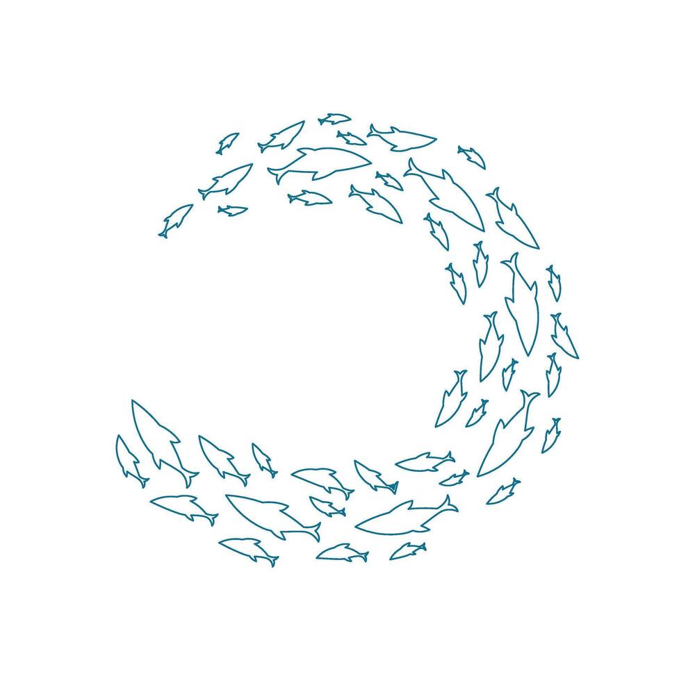 outline fish school pattern. Silhouette of many aquatic creatures swimming together. Ocean life concept, doodle style, suitable for summer projects and marine illustrations. vector
