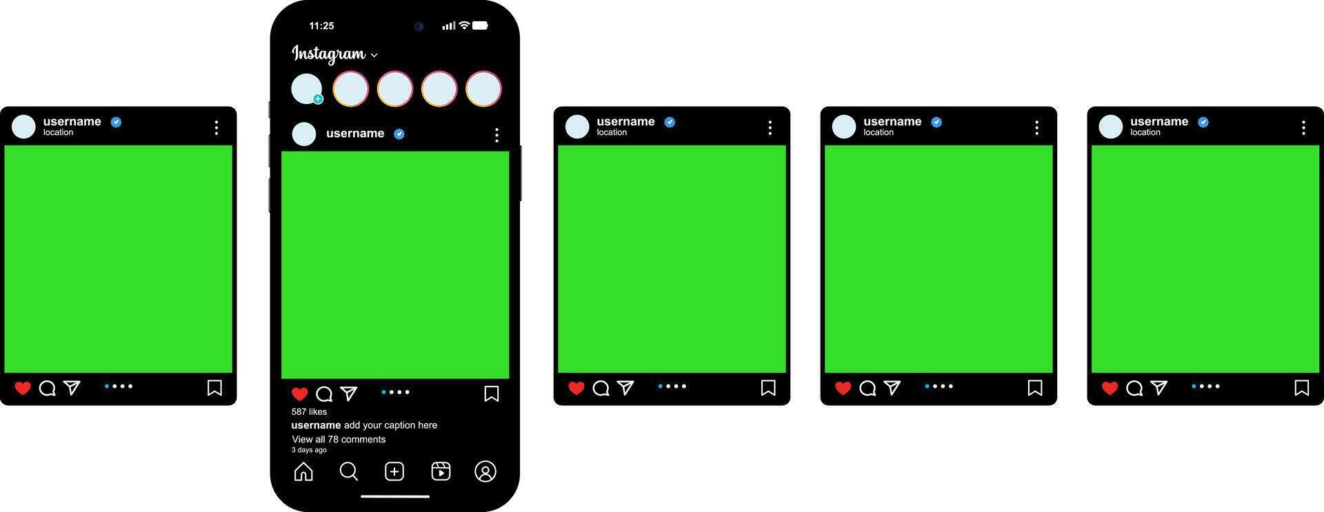 Smartphone Instagram carousel post mockup with green screen UI and black interface vector