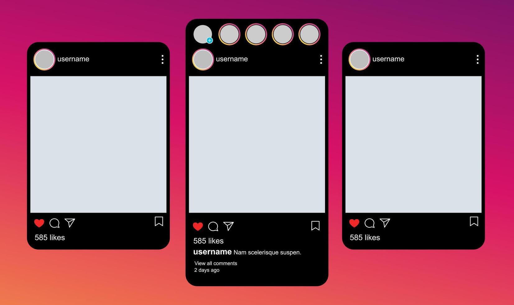 UI mockup design for Instagram social media app with modern black interface profile layout vector