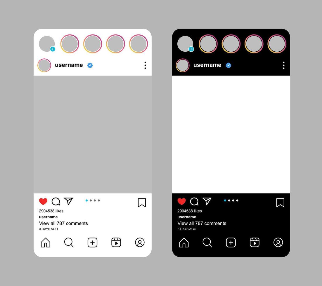 Light and dark mode social media mockup template design with blank user interface vector