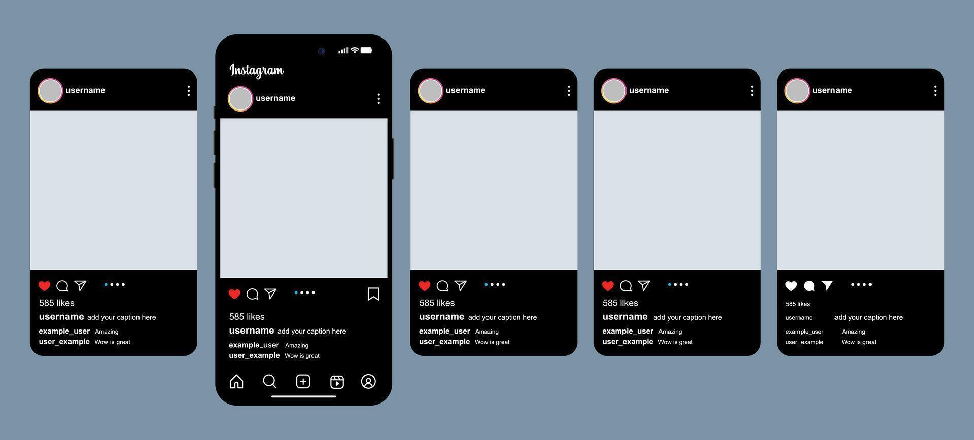 Black Instagram post design interface with realistic mobile phone mockup vector