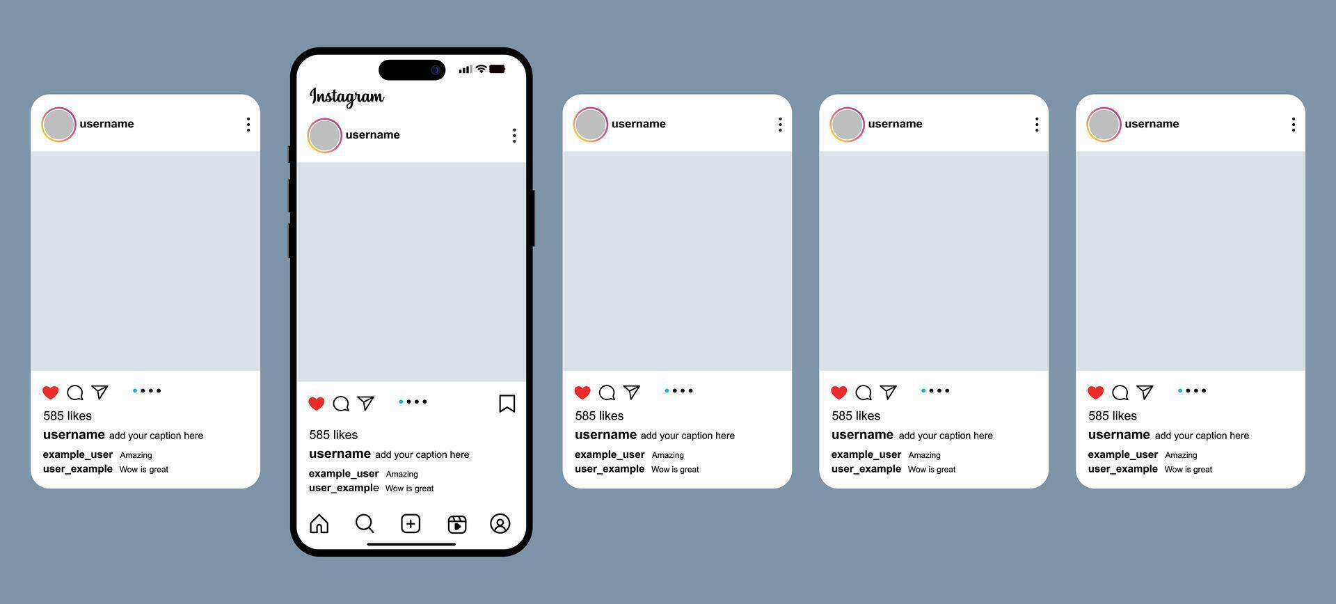White Instagram post design interface with realistic mobile phone mockup vector