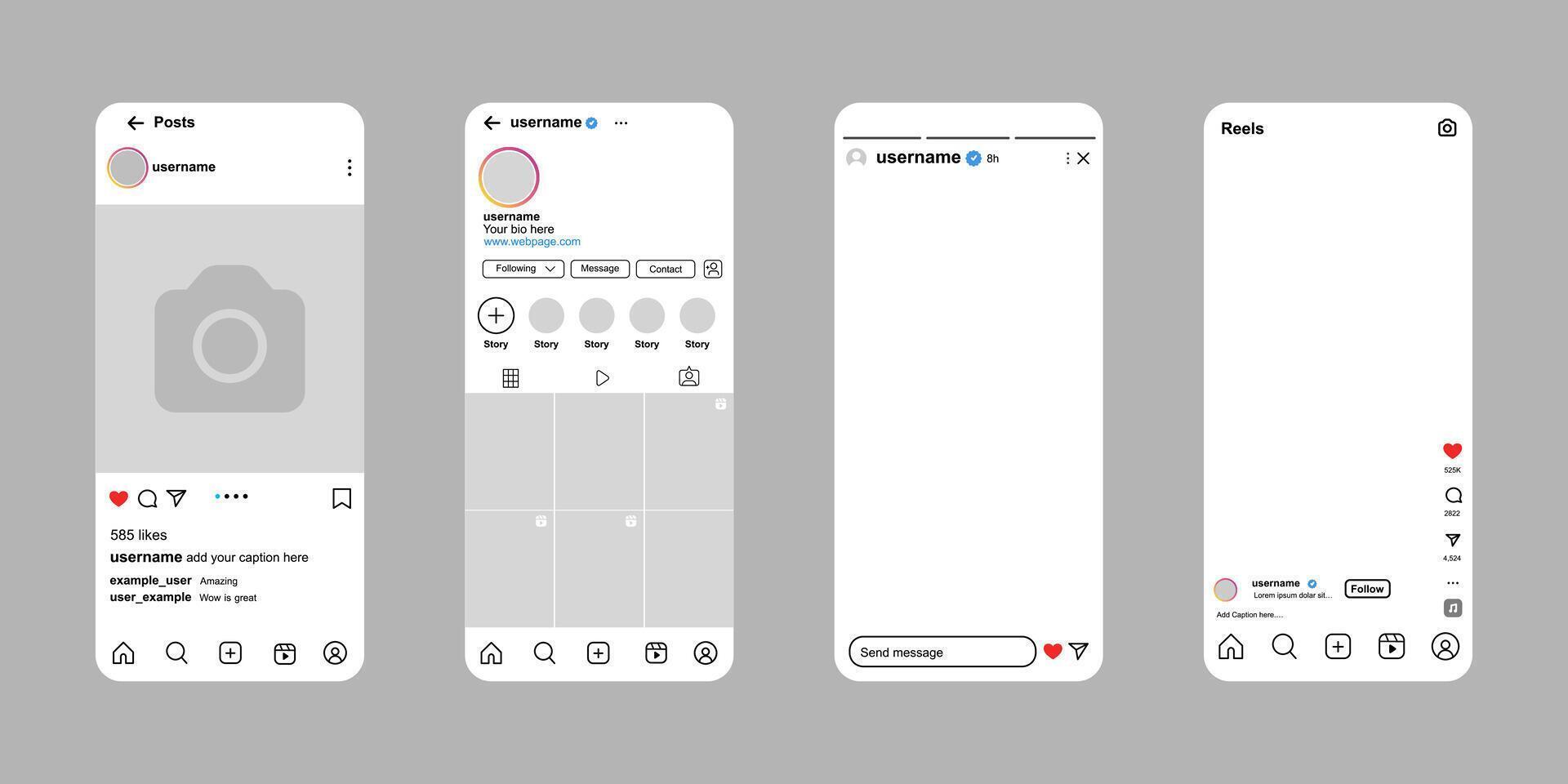 User interface mockup design for Instagram social networking app. White interface vector