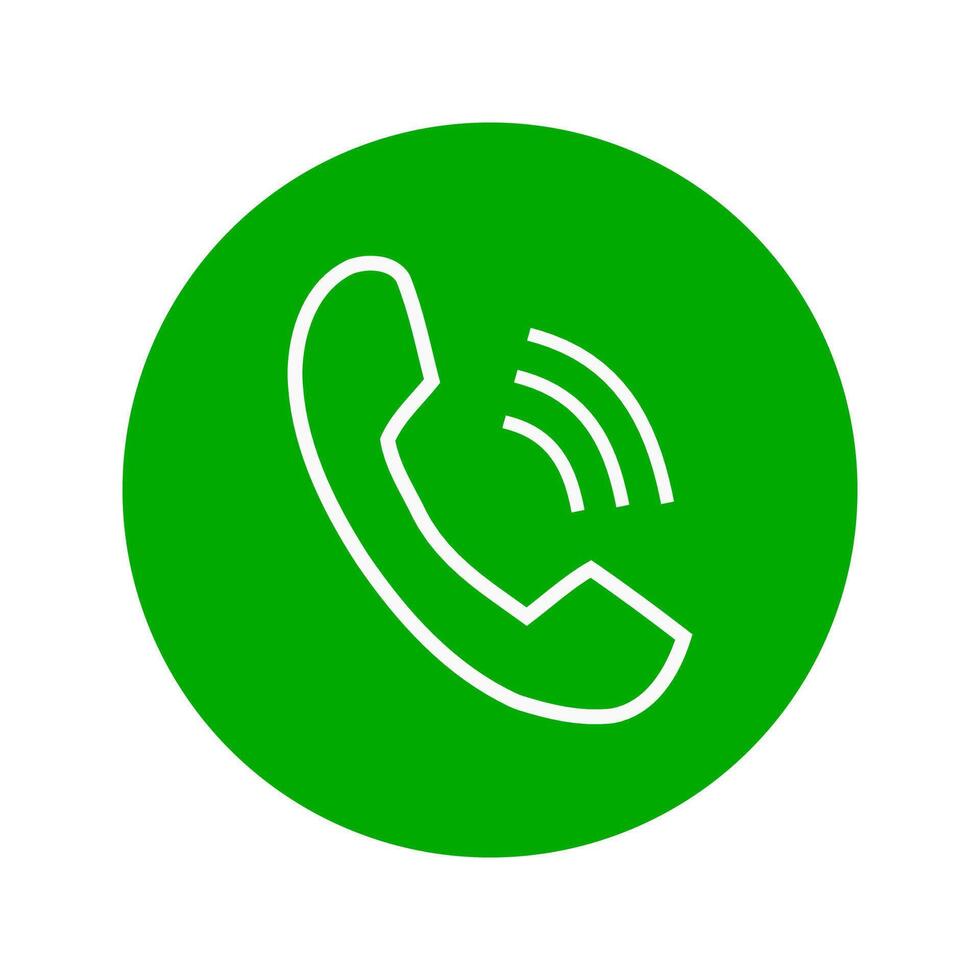 Green circular icon with white phone handset and sound wave symbols representing communication and calling vector