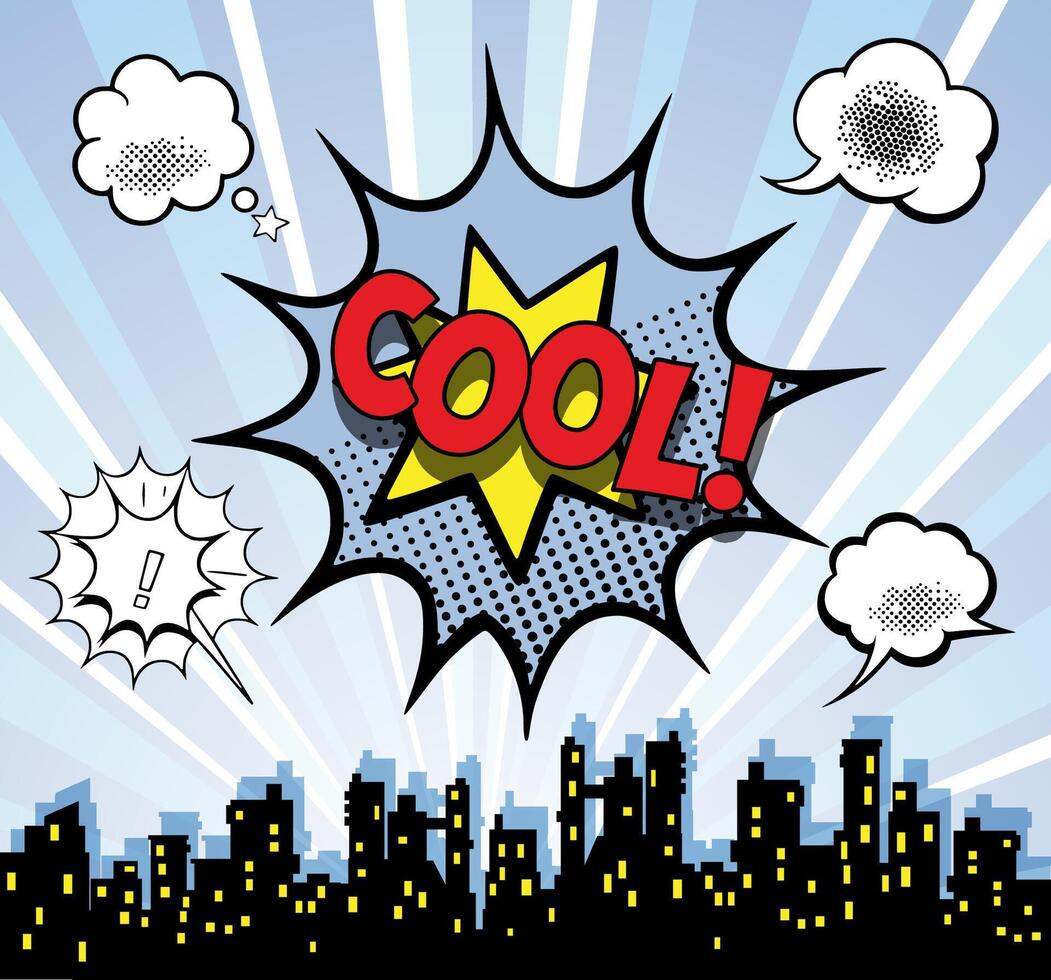 Comic book style cool speech bubble over city illustration vector