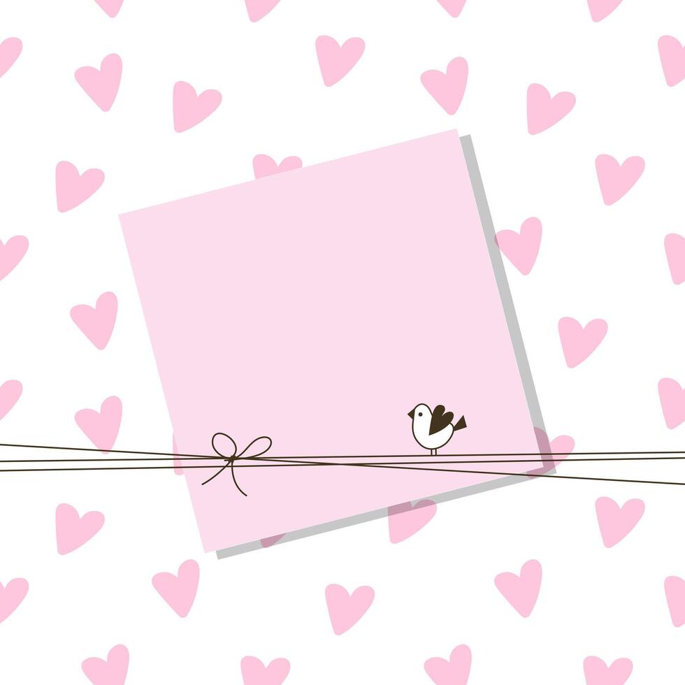 Cute Note Paper with Copy Space, Pink Hearts and Adorable Little Bird vector