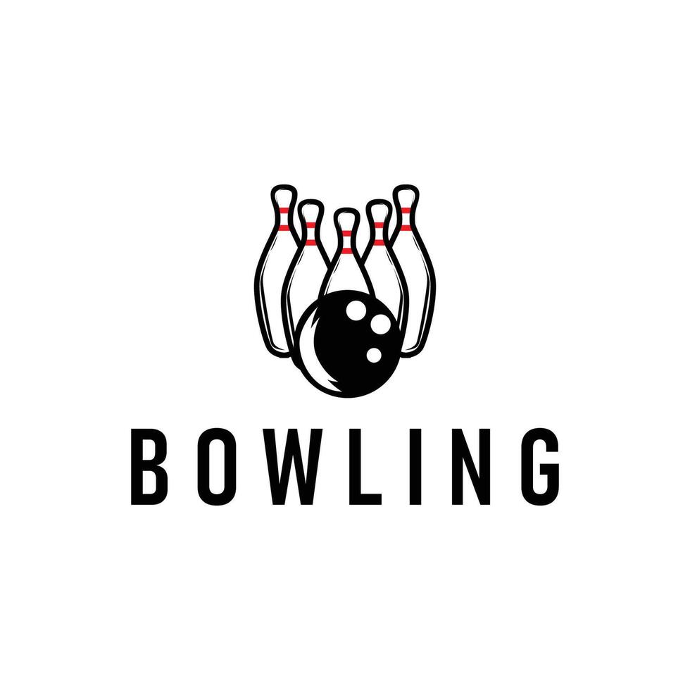 sport bowling logo, simple minimalist black silhouette with bowling ball and pins, cool as a design illustration template vector