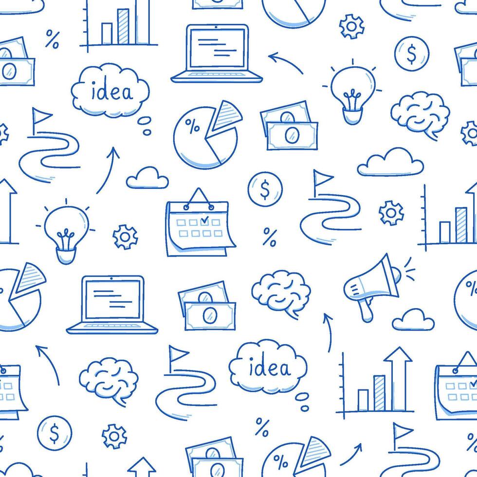 Business idea doodle seamless pattern background. Business success, creative idea concept doodle drawn sketch style pattern with lightbulb, megaphone, calendar element. vector